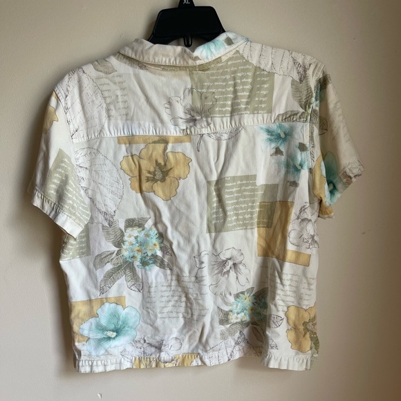 Caribbean Joe Tropical Beige Green Button Front Short Sleeve Blouse Top Large - Picture 3 of 5